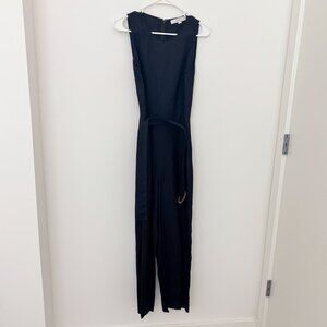 LOFT Linen Blend Belted Black Sleeveless Jumpsuit